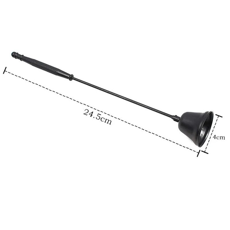 May include: A black metal bell on a long black handle. The handle is 24.5 cm long and the bell is 4 cm wide.