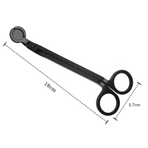 May include: Black metal candle wick trimmer with a round handle and two loops. The trimmer is 18 cm long and 5.7 cm wide.
