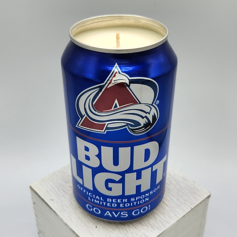 Soy Candle Bud Light NHL 2020 Colorado Avalanche Can Soy Candle with Custom Scent 12 oz Aluminium Can Go Avs Go image 3