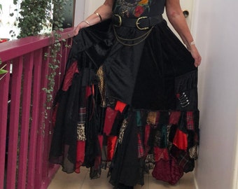 Black Velvet Steampunk Inspired Patchwork Skirt with Red, Tartan, Animal Prints, Stunning Flowing Gothic Skirt Size Large Waist 36" to 45"