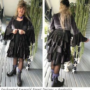 Stevie Nicks Style Clothing - Gunmetal Grey Velour Victorian Ruffle Coat - Satin Velvet Lace Chiffon ~ OOAK - Plus Size 12  Bust 38&quot; (97cm)