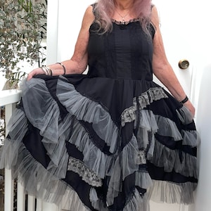 Witchy Stevie Nicks Style - Black Cotton & Grey Tulle Petticoat Ruffle Cami Dress  - Size 14 Bust 40&quot; (102cm) + - Australian Made
