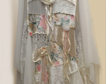 Romantic Bohemian Fairy Wedding Peachy Pink & Ivory Lace Patchwork Shabby Chic Coat  ~ Custom Made in Sizes 12 to 22