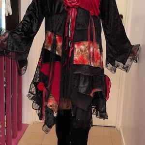 Red & Black HandFasting Stevie Nicks Inspired Duster Coat - Fantasy Fairy Festival  ~ One Off Original - Size 2XL - Boho Coat