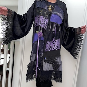 Black Purple Grey Whimsical Bohemian Chic Patchwork Duster Coat - Size 14 to 16 - Australian Made