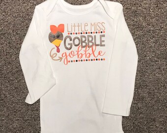 Little miss gobble gobble. Thanksgiving shirt. Thanksgiving bodysuit. Thanksgiving onesie.