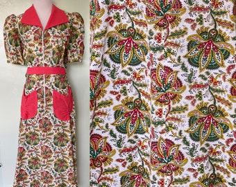 1940s Hostess Dress- Puff Sleeve- Paisley- Colorful- Pink- Cotton- Volup- Large- XL- L