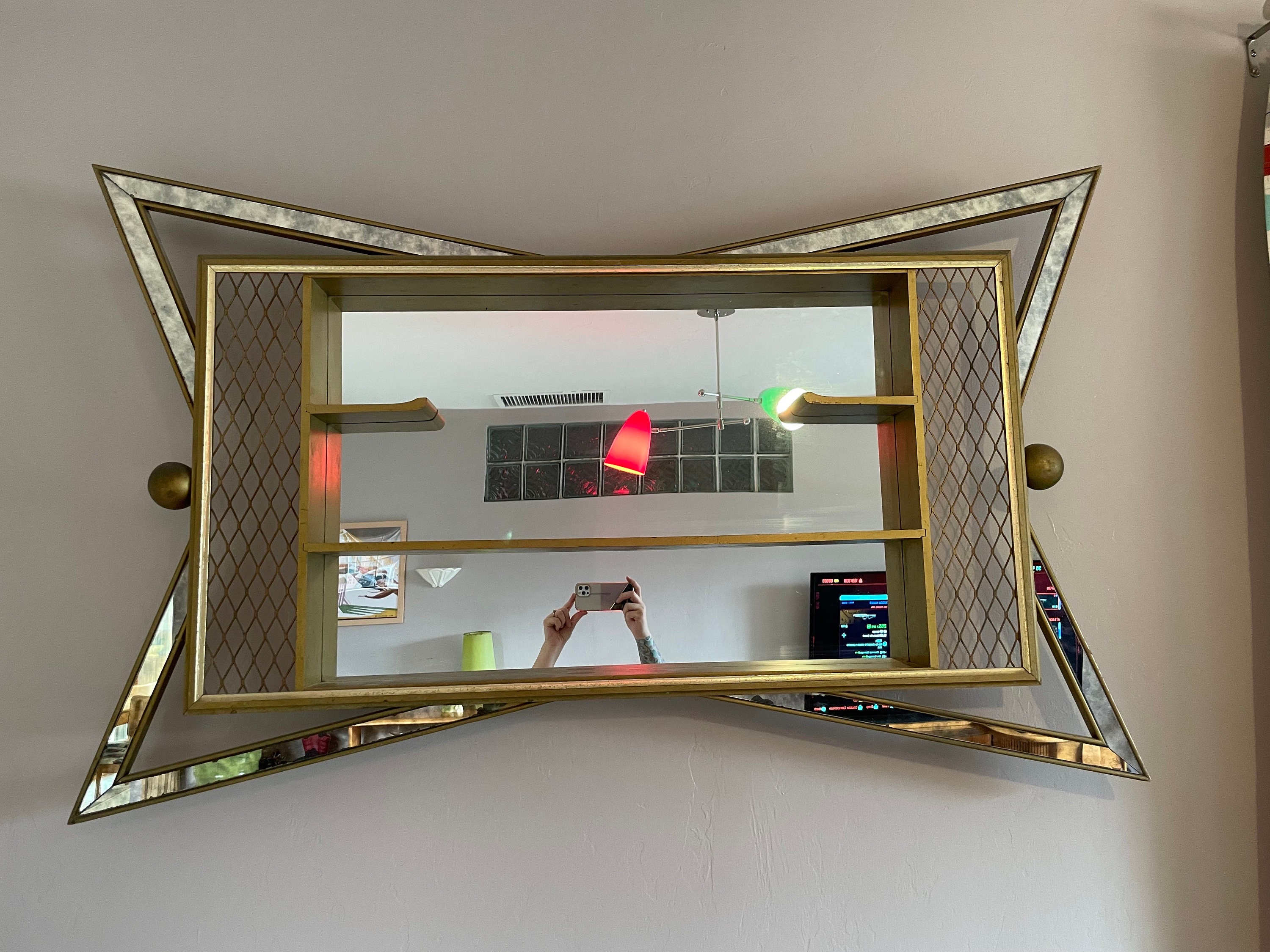 Vintage 1950s Gold Atomic Mirror Shadow Box Wall Hanging