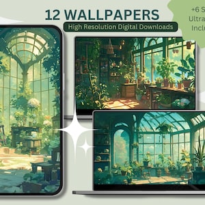 Tapeta szklarni magiczna przytulna tapeta pulpit fantazyjne rośliny tapeta kawaii Natychmiastowe pobieranie tapeta ghibli żaby i koty