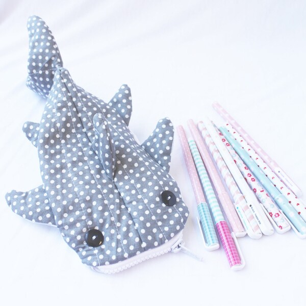 Schattig walvis haaien potlood geval, rits Pouch - grijze Polka Dot