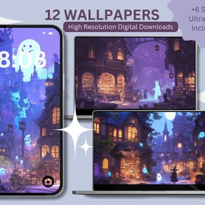 Halloween spooky wallpaper magical cute wallpaper desktop whimsical ghosts wallpaper Halloween instant download spooky cute cats wallpaper