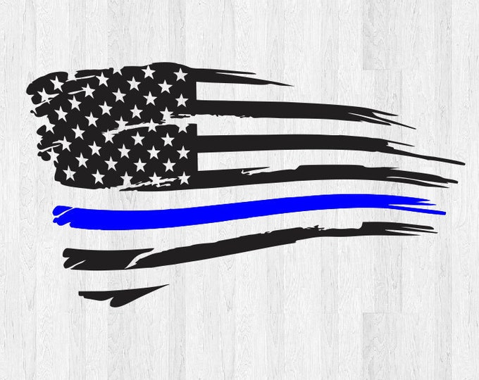 Set of 2 Black Thin Blue Line Distressed Tattered American Flag Decal Stickers