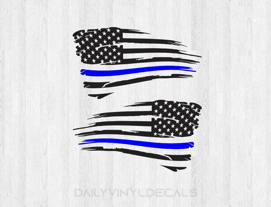 Set of 2 Dark Grey Thin Blue Line Distressed USA American Flag Decal Stickers