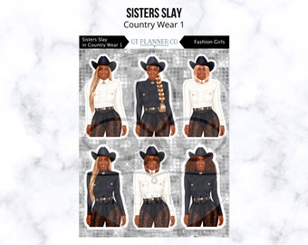 Sisters Slay in Country Wear, Planner Stickers, Fashion Boss, Afro Girl Stickers, African American, Western, Music, Cowgirl, Cowboy, Concert