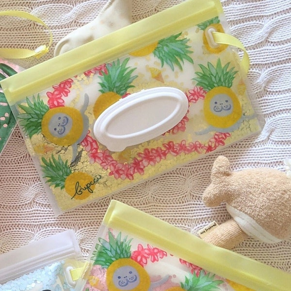 Durable Wipes Case with Diaper Band Reusable, Light Travel Case, Baby Wipes, Paw Wipes, Baby Gift, Sanitary wipes, Hawaiian, Seal Pineapple