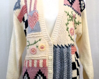 Vtg 80s Patchwork Cardigan Cottagecore Granny Sweater Large Shoulder Pads V Neck Margules Ramie Blend Size S Floral Stripe Korea Creme Multi