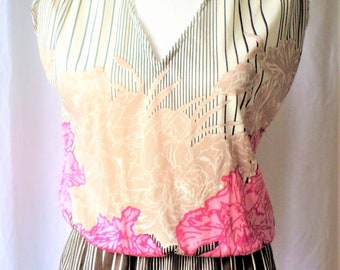 Vtg 80s Blouse Trissi Abstract Floral Tunic Top Abstract Geometric Design with Cinched Waist and Shoulders Beige Pink Brown