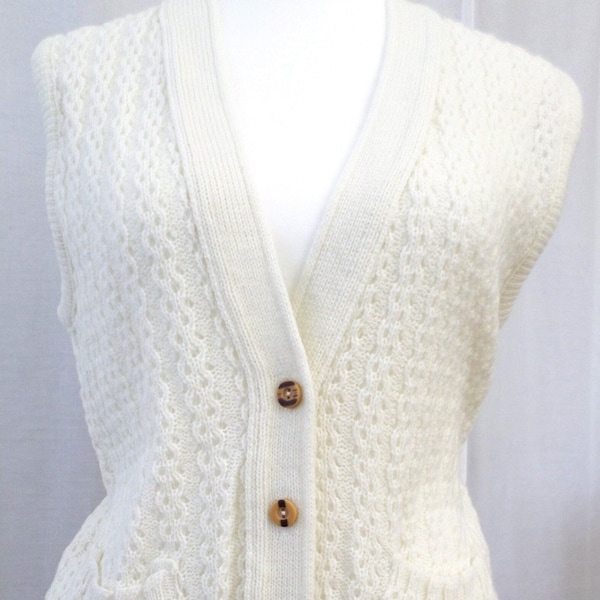 Vtg 60s 70s Styled by Rose Sweater Vest Ribbed Knit Celtic Knot Fisherman One Owner Like New Creme White with wood look buttons Lightweight