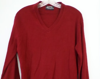 Suéter vintage de los años 70 y 80 para hombre, jersey puritano con cuello en V, color burdeos y granate, talla M