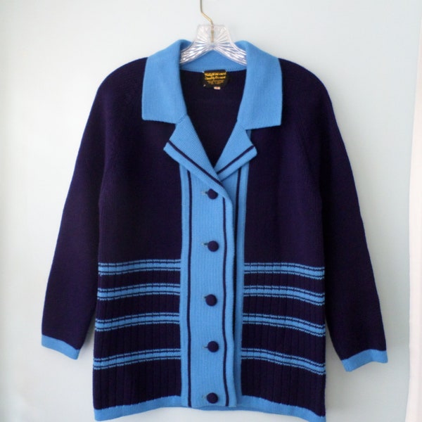 Vtg 50s Knit Jacket Cardigan Blazer Sweater Coat Harco Original Rare Navy and Sky Blue Acrylic Made in Taiwan Sz M