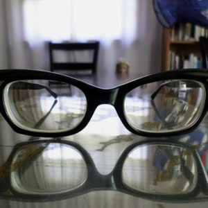 Vintage 50s MCM Eyeglasses Women 46-20 RARE Mod Cat Eye Chic Perfect Excellent Black with Cobalt Blue Grey Accents Sexy Secretary