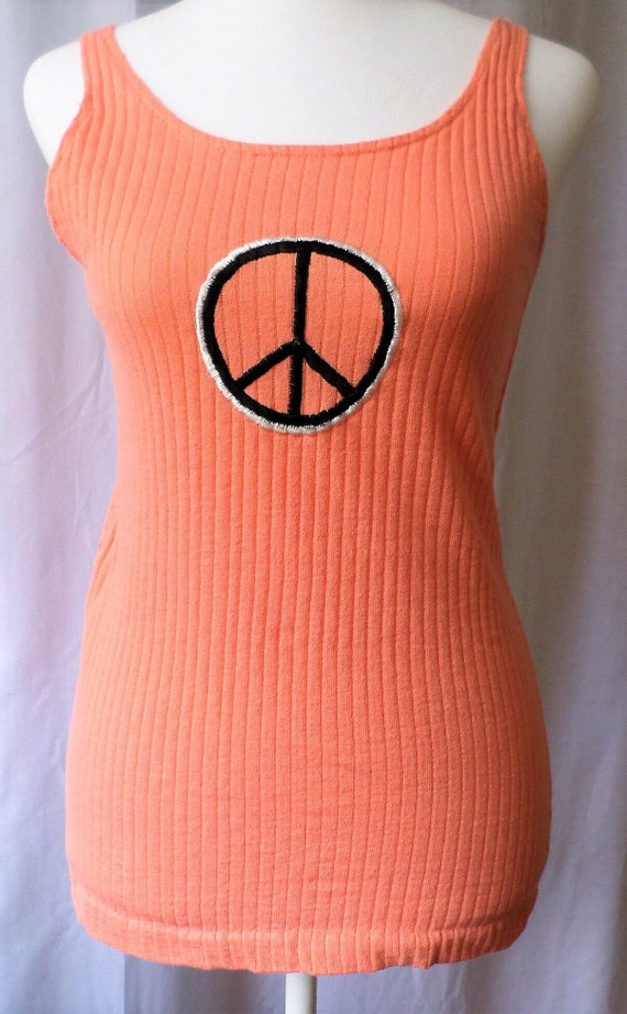 Vtg 70s Peace Sign Groovy Tank Top Ribbed Shirt Bl