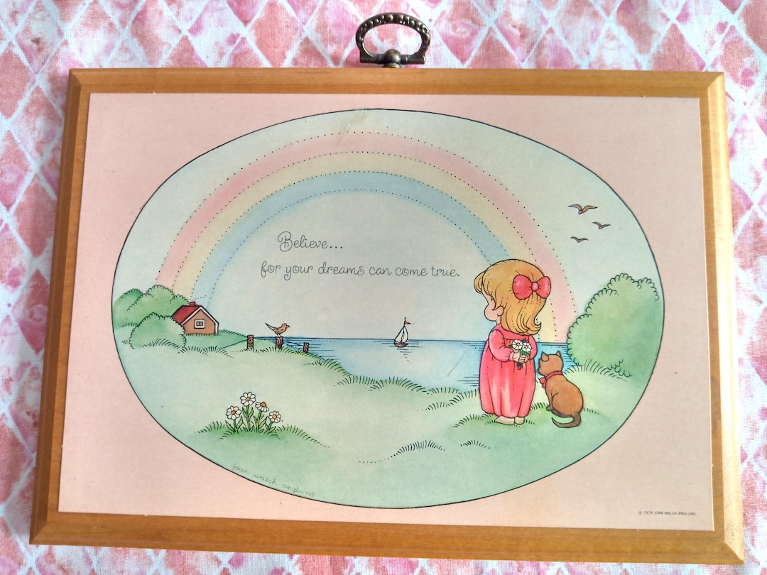 Joy Anglund 1974 Art Print by Joan Walsh Anglund Wood Plaque Sign Rainbow Believe ...