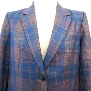 Vtg 80s Saks Fifth Ave Blazer Wool Women&#39;s Made in Japan Plaid Jacket Fully Lined Grey Blue with Yellow Red Stripes Very Well Made Lady Boss