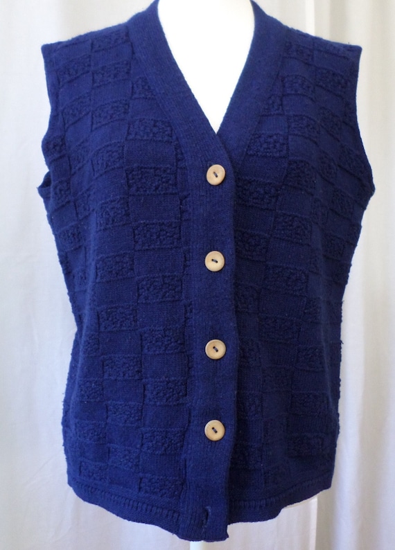 Vtg 70s Vest Wood Buttons Navy Textured Knit Sweat