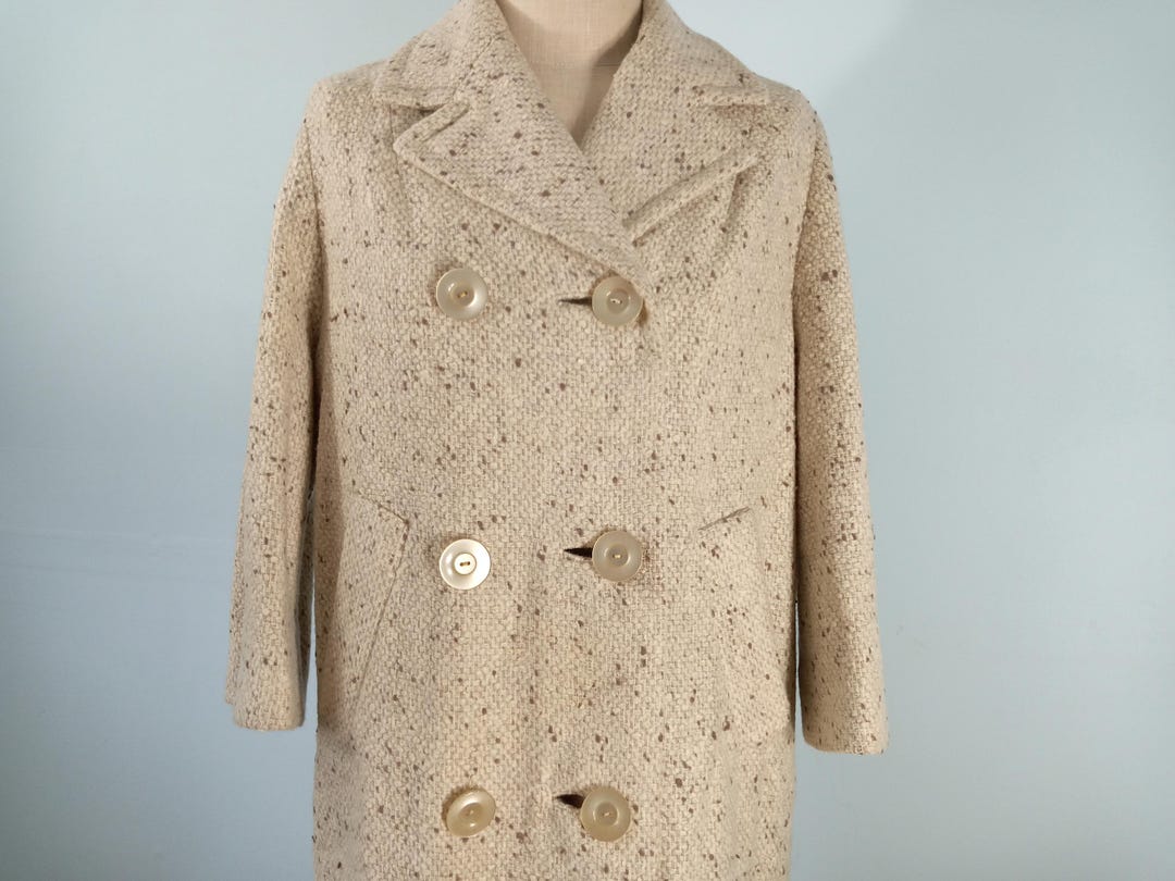 Vtg 60s Mod Speckled Coat Boucle Tweed Long Wool Beige With