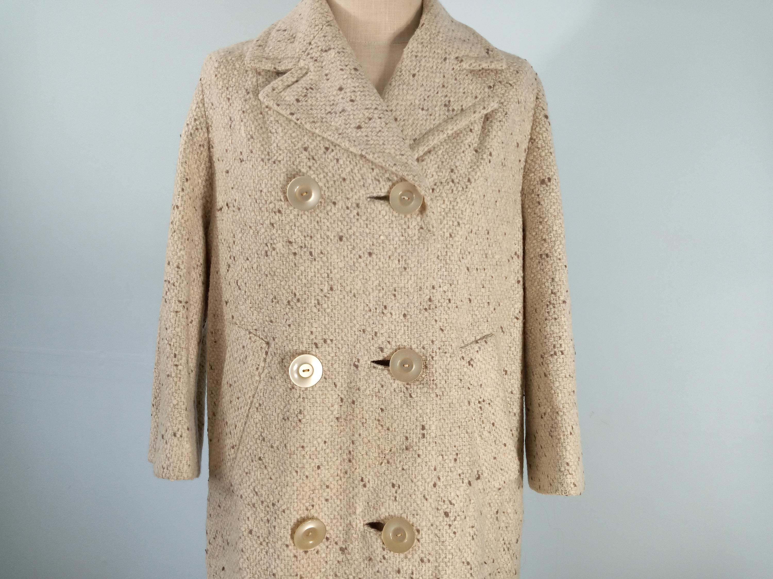 Vtg 60s Mod Speckled Coat Boucle Tweed Long Wool Beige With