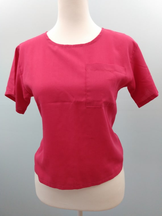 Vtg 80s Cropped Top Blouse LA Chic Lipstick Red