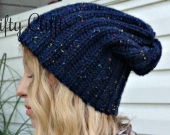 Slouchy Ribbed Beanie Hat - Navy Blue Tweed