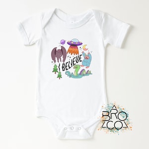 I Believe Baby Bodysuit, Cryptid Monster Baby Gift, UFO Bigfoot Alien Loch Ness Infant Tee, Funny Baby Shower Gift, Toddler Shirt