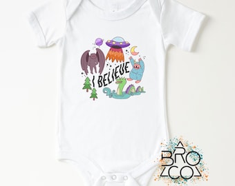 Body para bebé "I Believe", regalo para bebé de monstruo críptido, camiseta infantil de OVNI, Bigfoot, alienígena, Lago Ness, regalo divertido para baby shower, camiseta para niño pequeño