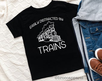 Easily Distracted By Trains - Boys Short Sleeve Tshirt - Kids Train Shirt - Boy Train Tshirt
