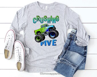 Crushing Five Boys 5th Birthday Monster Truck Long Sleeve Shirt