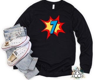 7th Birthday Shirt - Superhero Birthday - Boys 7th Birthday - Birthday Boy Shirt - Long Sleeve Birthday Shirt