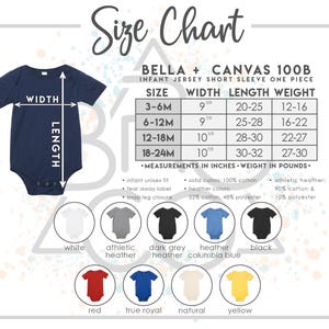 May include: Size chart for Bella + Canvas 100B infant jersey short sleeve one-piece. The chart shows sizes from 3-6 months to 18-24 months, with corresponding width, length, and weight measurements in inches and pounds. The chart also includes information about the fabric composition for solid colors, heather colors, and athletic heather.