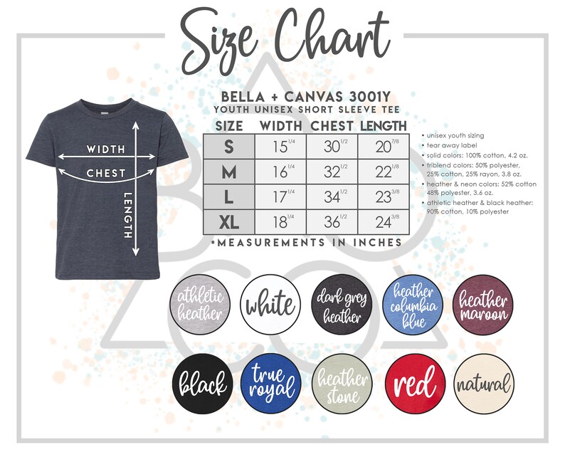 May include: Size chart for youth unisex short sleeve t-shirts from Bella + Canvas 3001Y. The chart shows sizes S, M, L, and XL with measurements in inches for width, chest, and length. The chart also includes a color guide with 12 different color options.
