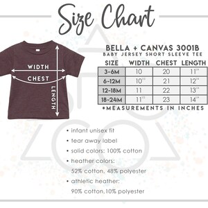 May include: A size chart for a baby jersey short sleeve tee, with measurements in inches. The chart includes sizes 3-6M, 6-12M, 12-18M, and 18-24M, with width, chest, and length measurements. The chart also lists fabric details.