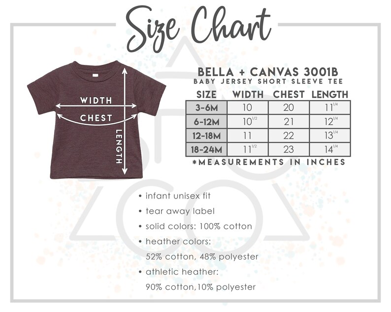 May include: A size chart for a baby jersey short sleeve tee, with measurements in inches. The chart includes sizes 3-6M, 6-12M, 12-18M, and 18-24M, with width, chest, and length measurements. The chart also lists fabric details.