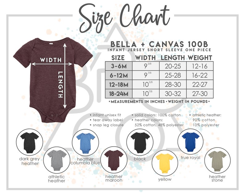 May include: Size chart for Bella + Canvas 100B infant jersey short sleeve one-piece. The chart shows sizes 3-6M, 6-12M, 12-18M, and 18-24M with corresponding width, length, and weight measurements in inches and pounds. The chart also lists the fabric composition for solid colors and heather colors.