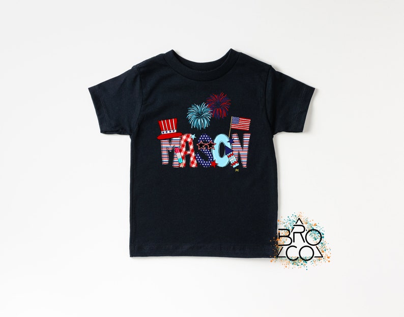 May include: A black t-shirt with a red, white, and blue design that says "MASON" with fireworks and American flags.