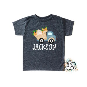 May include: A dark grey t-shirt with a cartoon truck carrying carrots and a basket of eggs. The text "JACKSON" is printed below the truck.