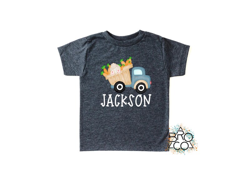 May include: A dark grey t-shirt with a cartoon truck carrying carrots and a basket of eggs. The text "JACKSON" is printed below the truck.