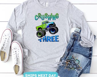 Crushing Three 3rd Monster Truck Birthday Long Sleeve - Kids Party Tee