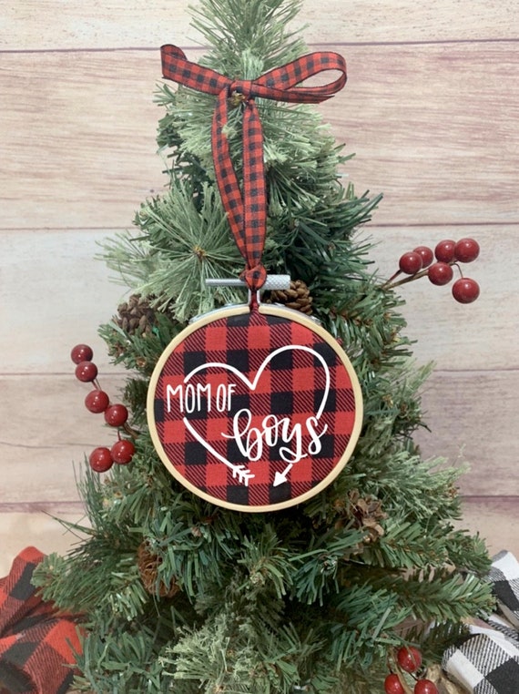 Mom of Boys Ornament, Mom Ornament, Gift for Mom, Farmhouse Ornament, Buffalo Plaid Ornament, Buffalo Plaid Xmas, Xmas Ornament