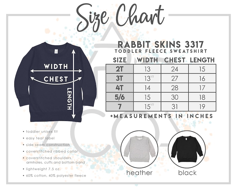 Może przedstawiać: Tabela rozmiar&oacute;w dla bluzy z polaru dla maluch&oacute;w Rabbit Skins 3317. Tabela pokazuje wymiary w calach dla rozmiar&oacute;w od 2T do 7. Obrazek przedstawia r&oacute;wnież granatową bluzę z napisami "szerokość", "klatka piersiowa" i "długość".