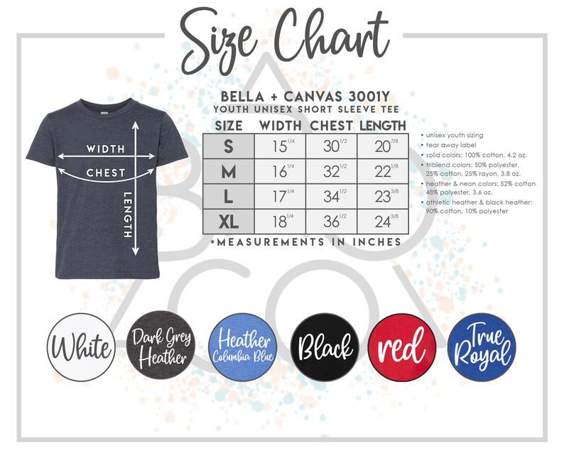 Op de afbeelding: Maattabel voor een unisex T-shirt met korte mouwen voor jongeren, met afmetingen in inches. De tabel bevat maten S tot XL, met afmetingen voor breedte, borst en lengte. Kleuropties zijn wit, donkergrijs heather, heather columbia blauw, zwart, rood en true royal.
